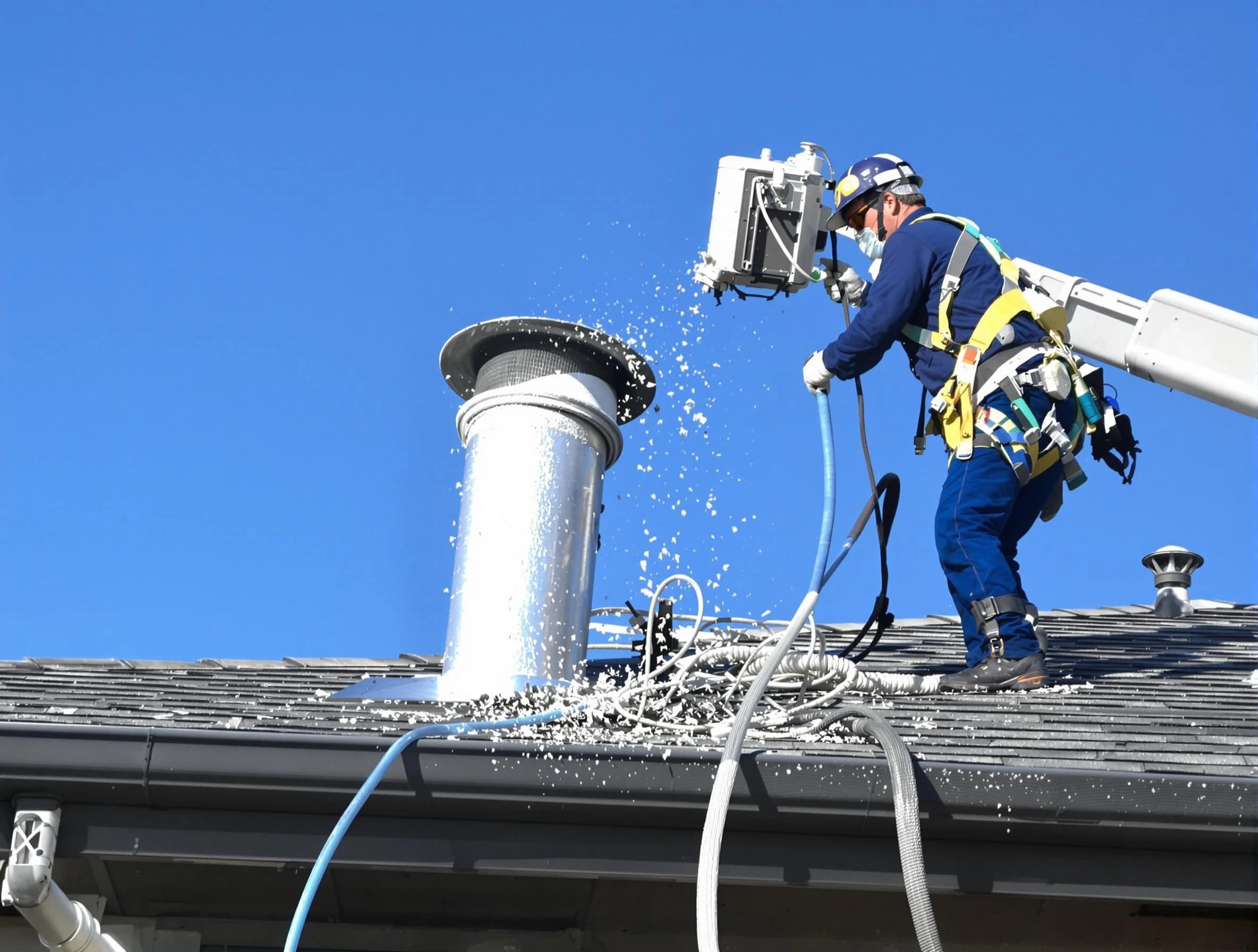 McCandless Dryer Vent Cleaning certified technician safely cleaning a roof-mounted dryer vent in McCandless