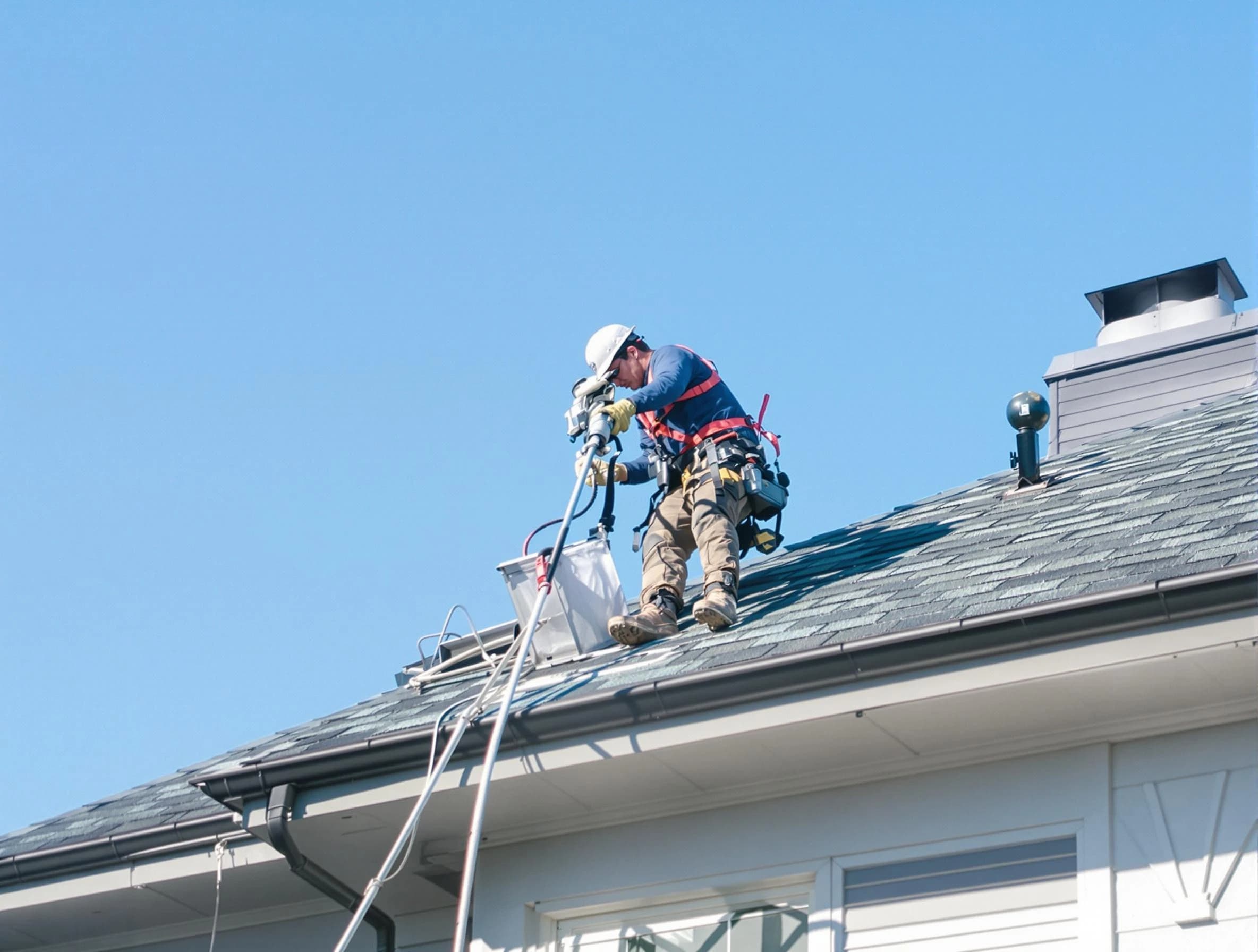 McCandless Dryer Vent Cleaning certified technician cleaning a roof-mounted dryer vent system in McCandless