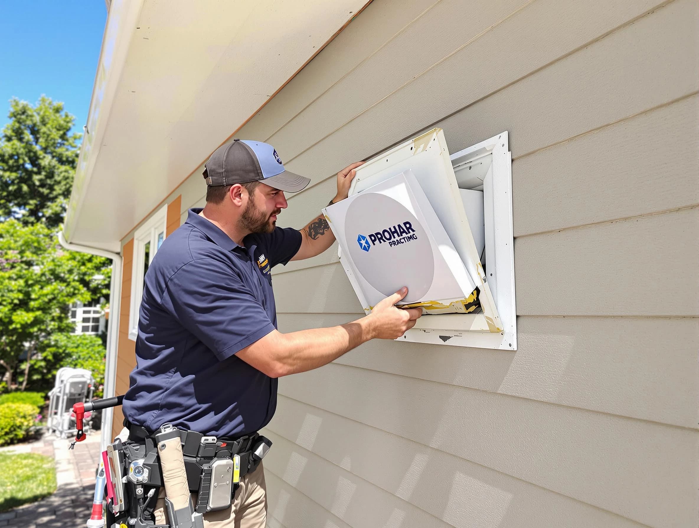 McCandless Dryer Vent Cleaning technician installing a new protective dryer vent cover on a home in McCandless