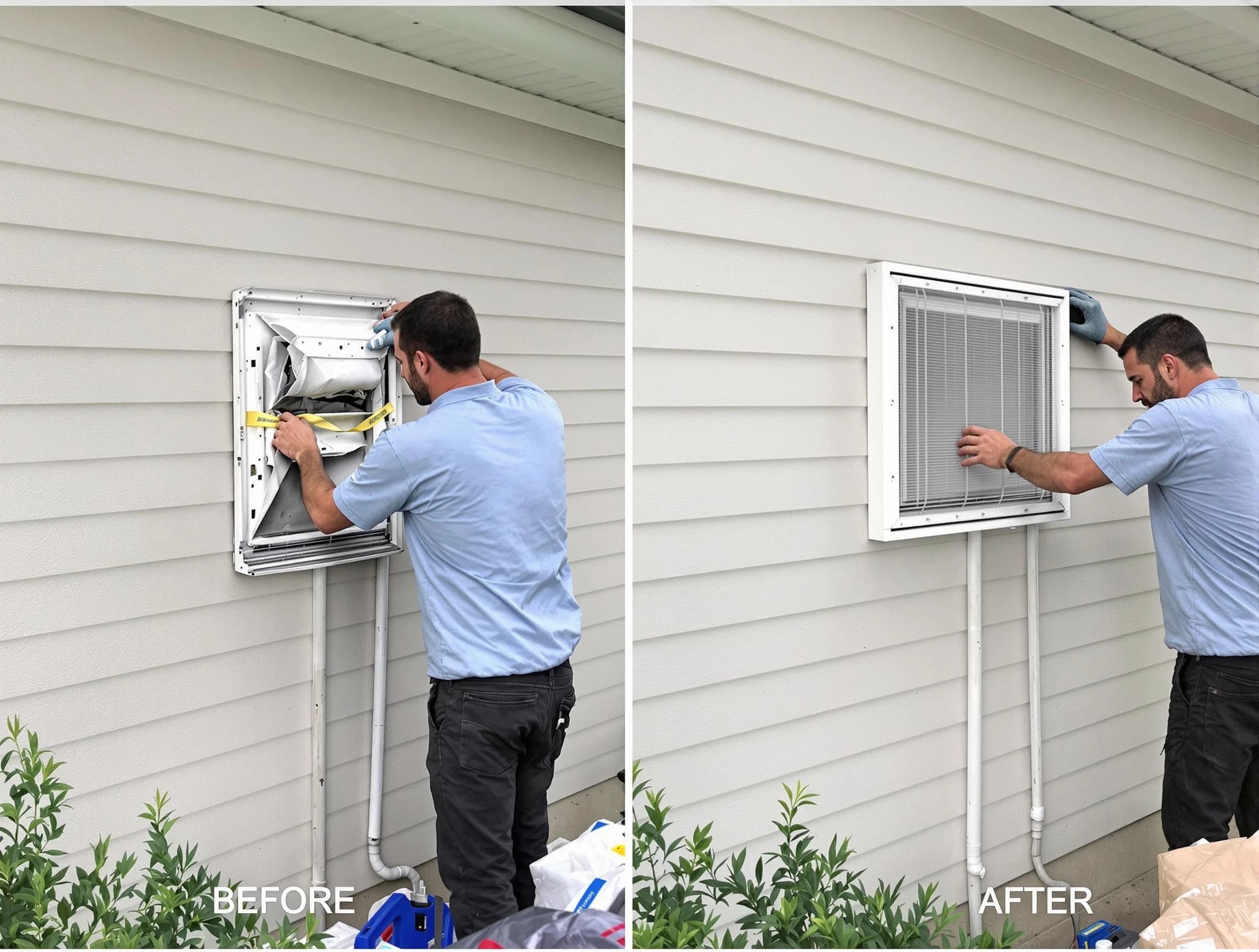 McCandless Dryer Vent Cleaning technician installing high-quality dryer vent cover at a residential property in McCandless