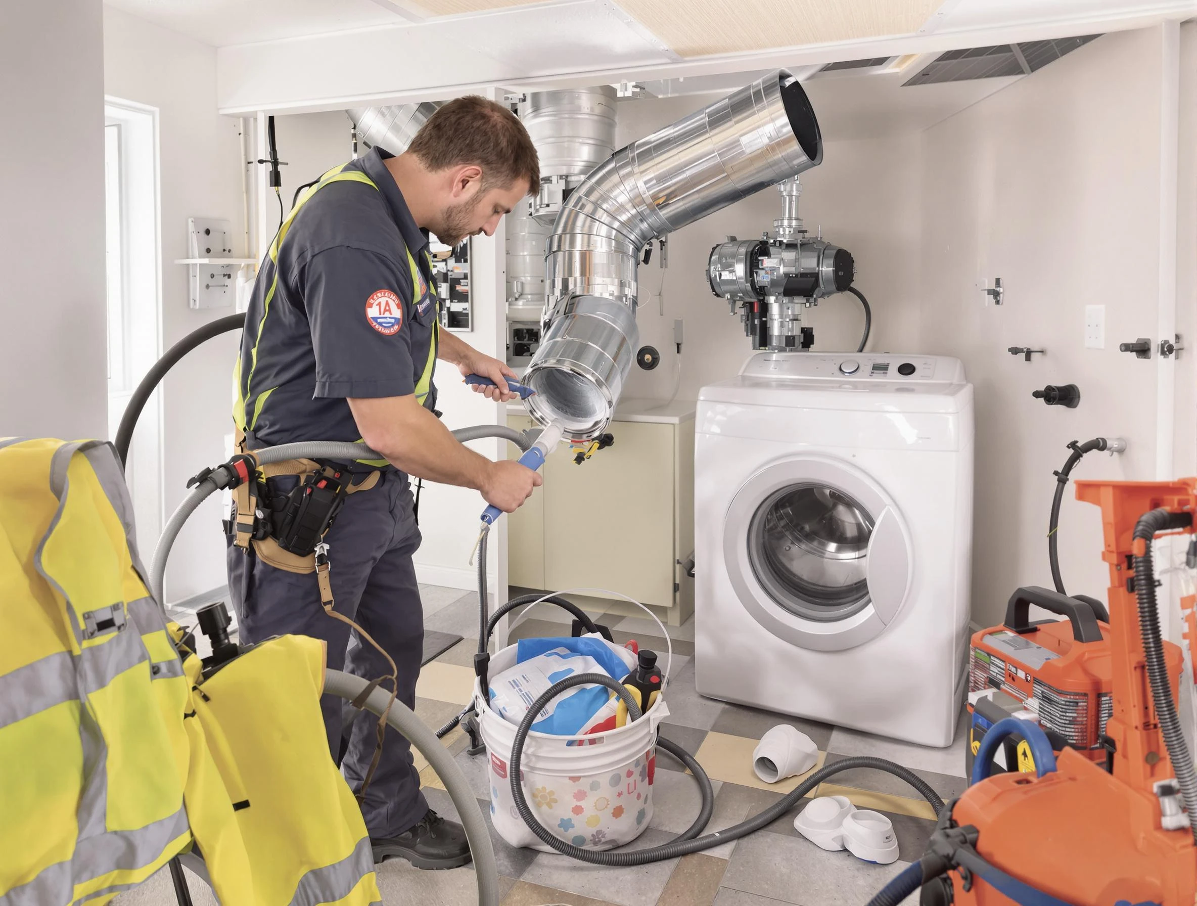 McCandless Dryer Vent Cleaning technician using specialized equipment to clear severe dryer vent blockage in McCandless